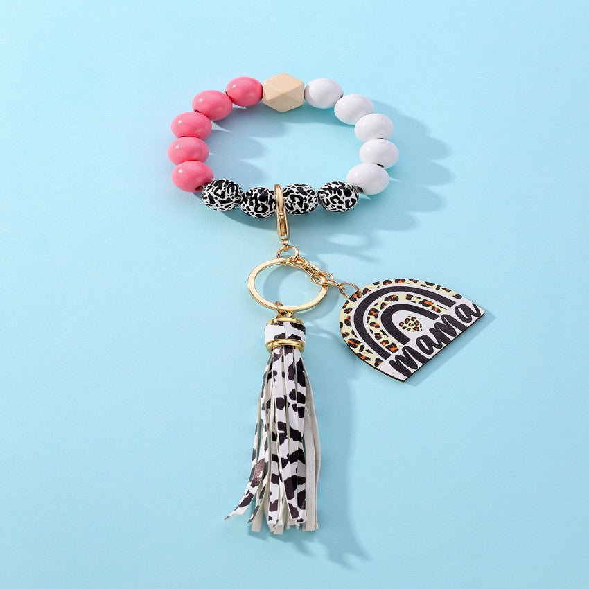 Wholesale Rainbow Mama Tassel Leopard Print Silicone Beaded Wrist Keychain
